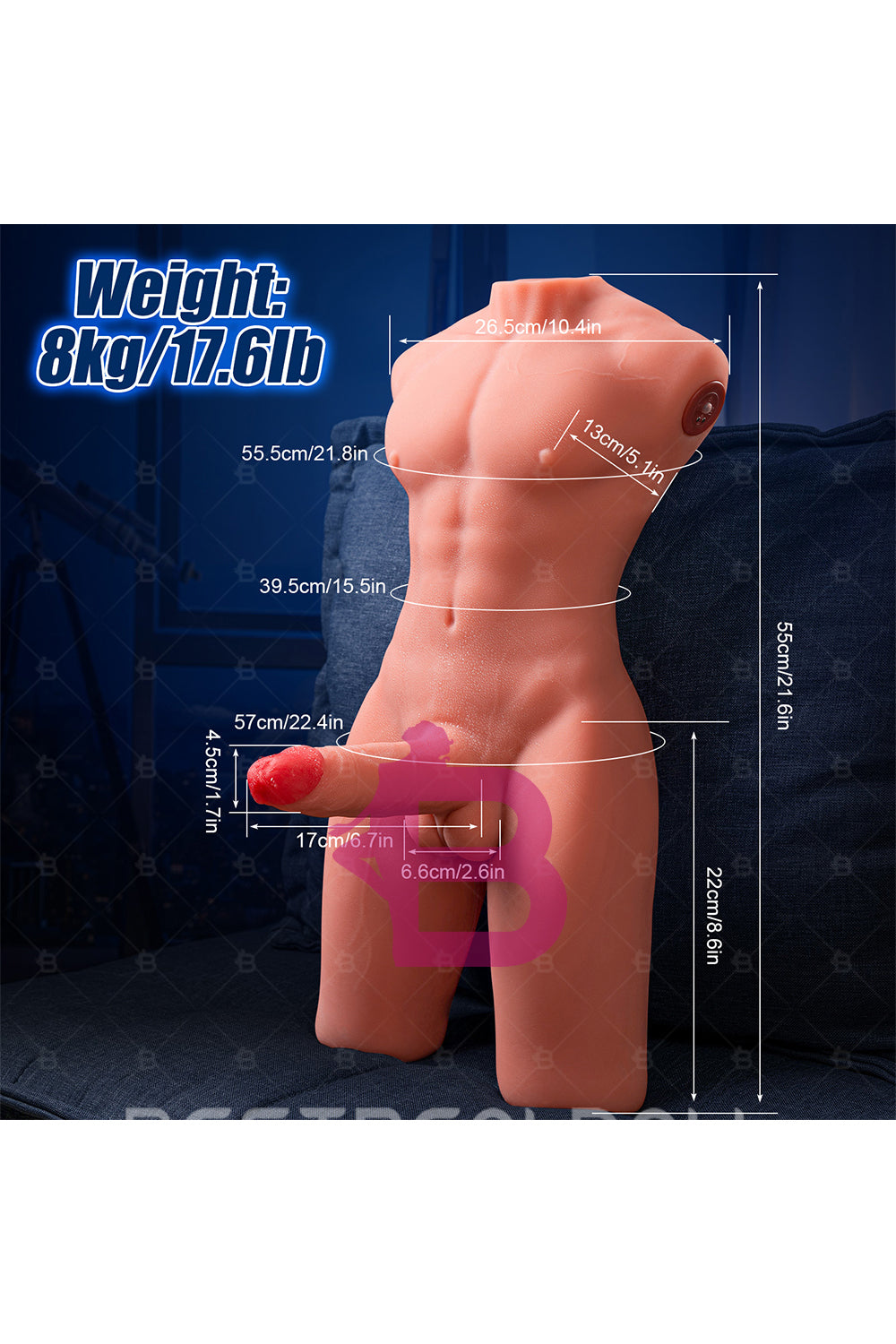 US Stock - SQ-MAR30023 55cm Half Body Male Sex Doll Torso Electric TPE Torso Doll with Automatic Dildo Male Love Doll