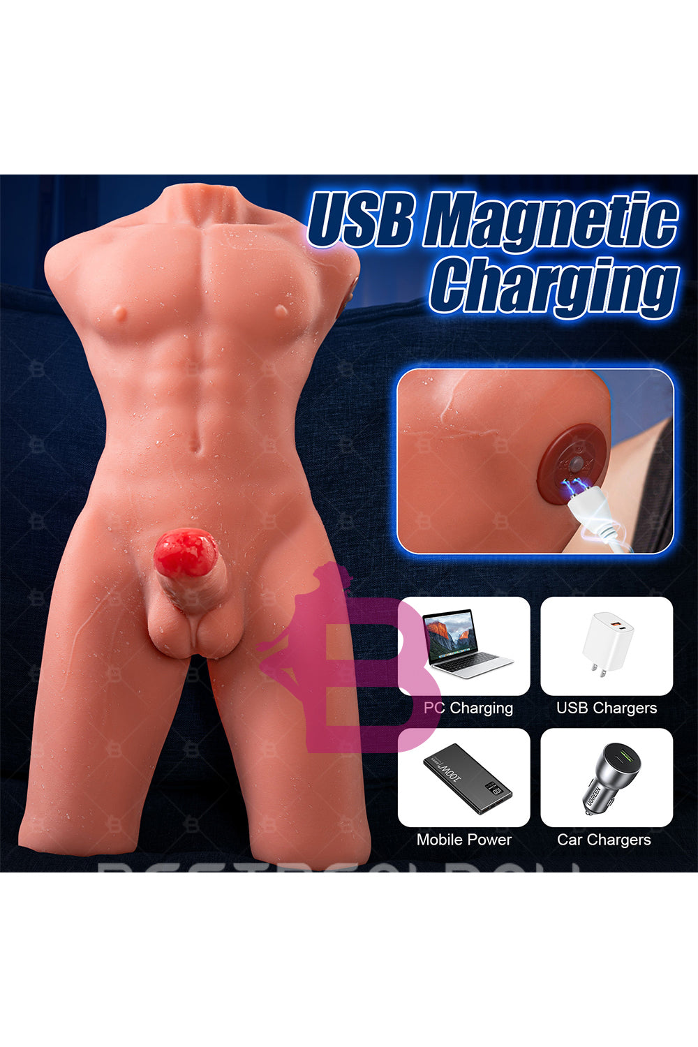 US Stock - SQ-MAR30023 55cm Half Body Male Sex Doll Torso Electric TPE Torso Doll with Automatic Dildo Male Love Doll