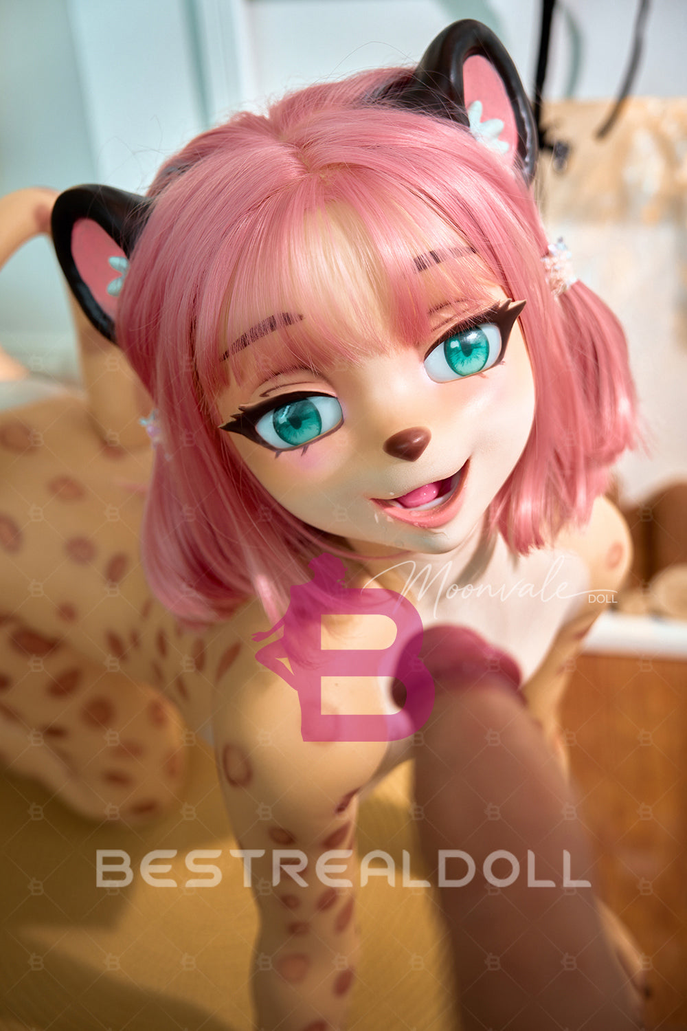 Moonvale 155cm Lyora Full Silicone Small Breasts Fantasy Sex Doll Pink Hair Anime Puppy Style White Leopard Furry Silicone Adult Oral Sex Love Doll
