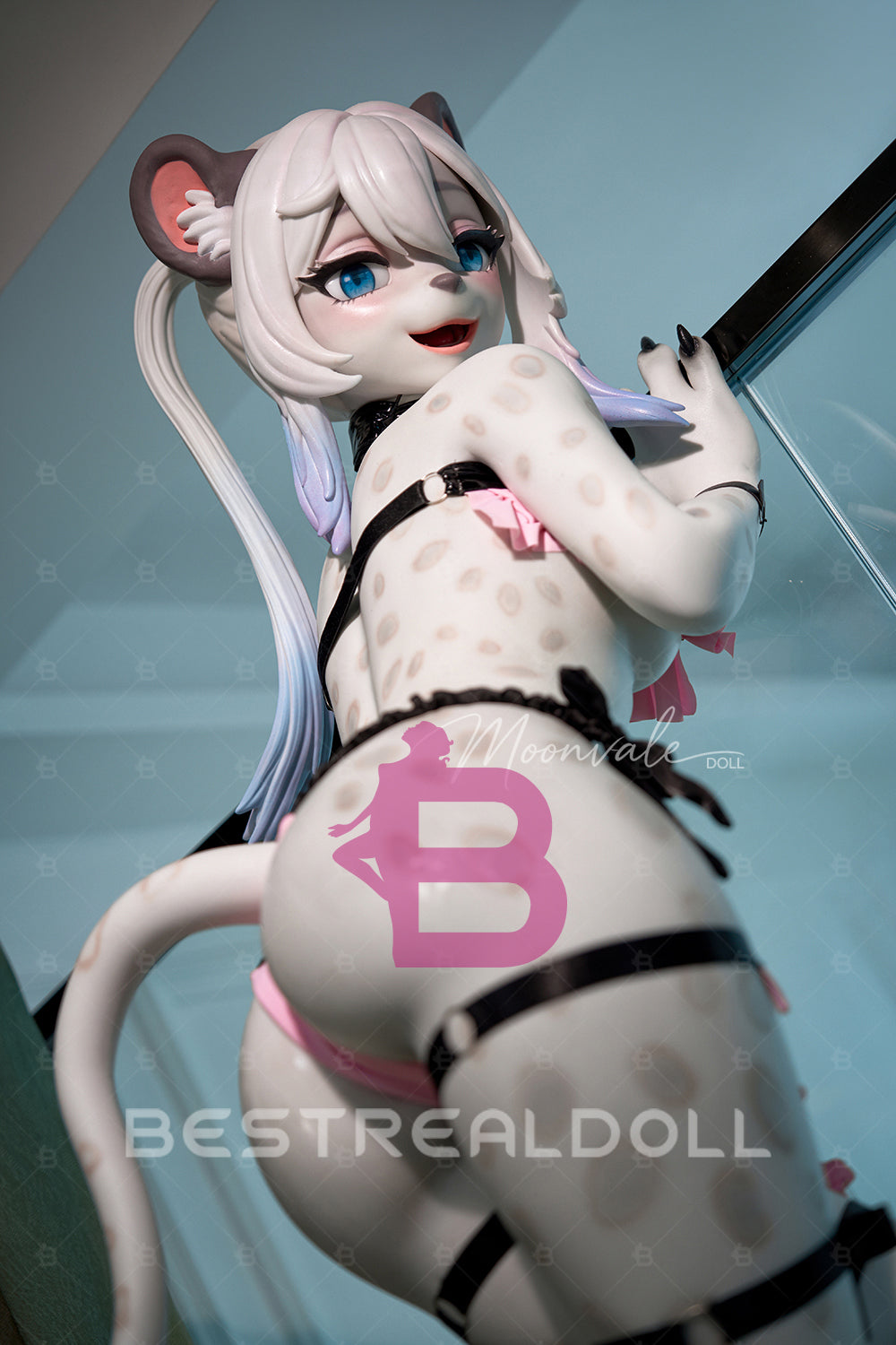 Moonvale 155cm Lyora Full Silicone Small Breasts Fantasy Sex Doll Lovely ROS Head Anime Puppy Style Sex Doll White Leopard Furry Silicone Adult Love Doll