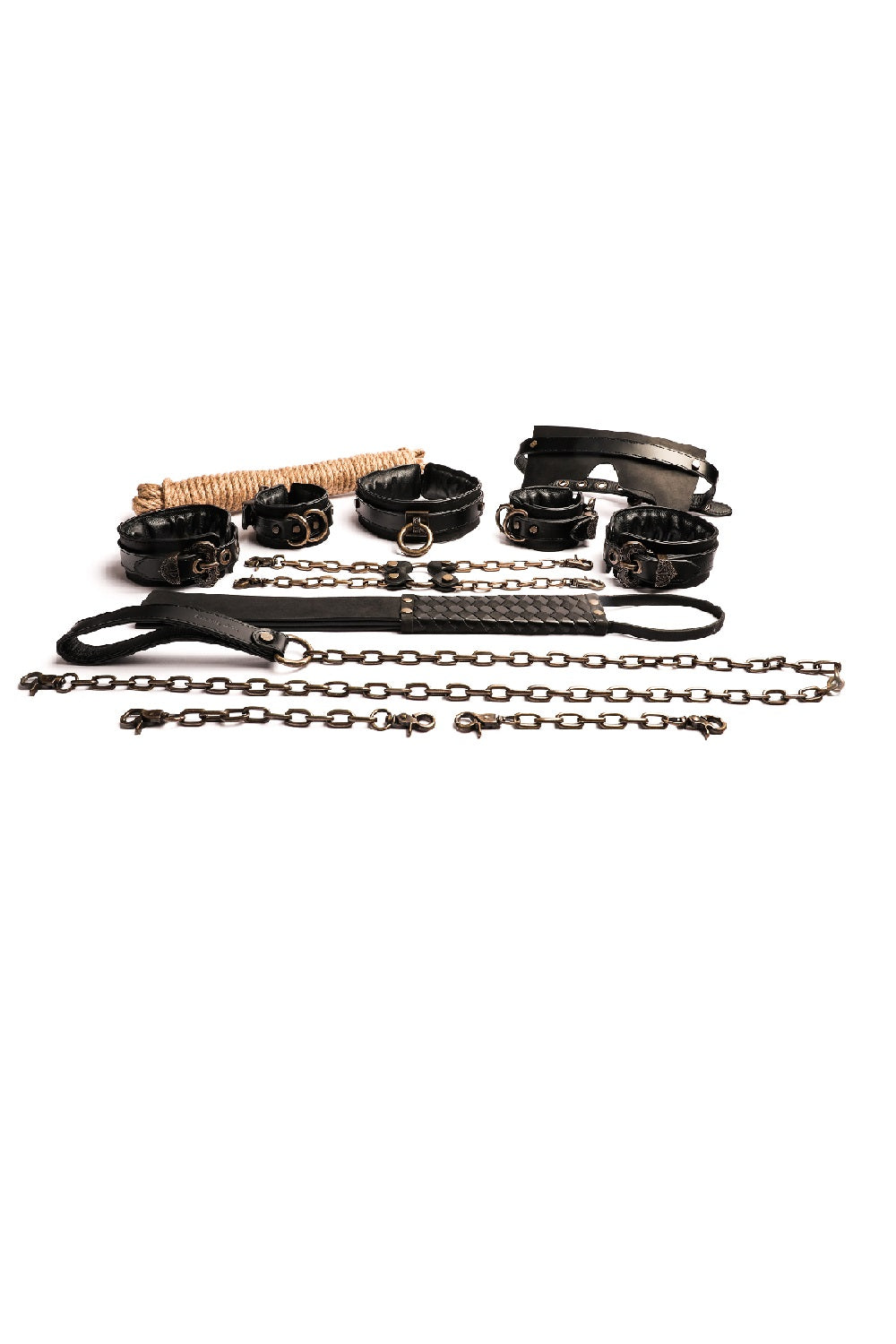 BDSM Set Real Leather Cuffs  Blindfold Slapper Collar and Leash