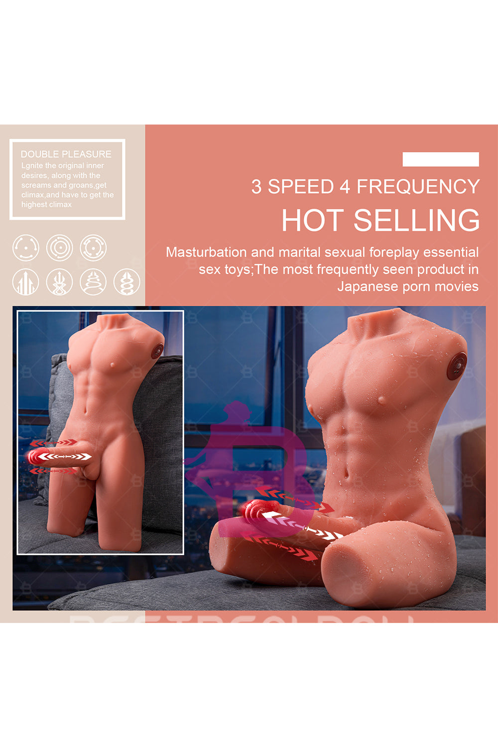 US Stock - SQ-MAR30023 55cm Half Body Male Sex Doll Torso Electric TPE Torso Doll with Automatic Dildo Male Love Doll