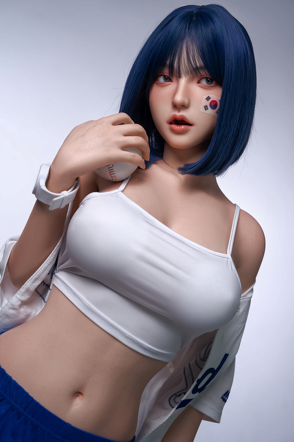 Felicia 158cm Realistic Full Silicone Oral Sex Love Doll Blue Hair Asian Woman ROS Head Movable Jaw Sex Doll