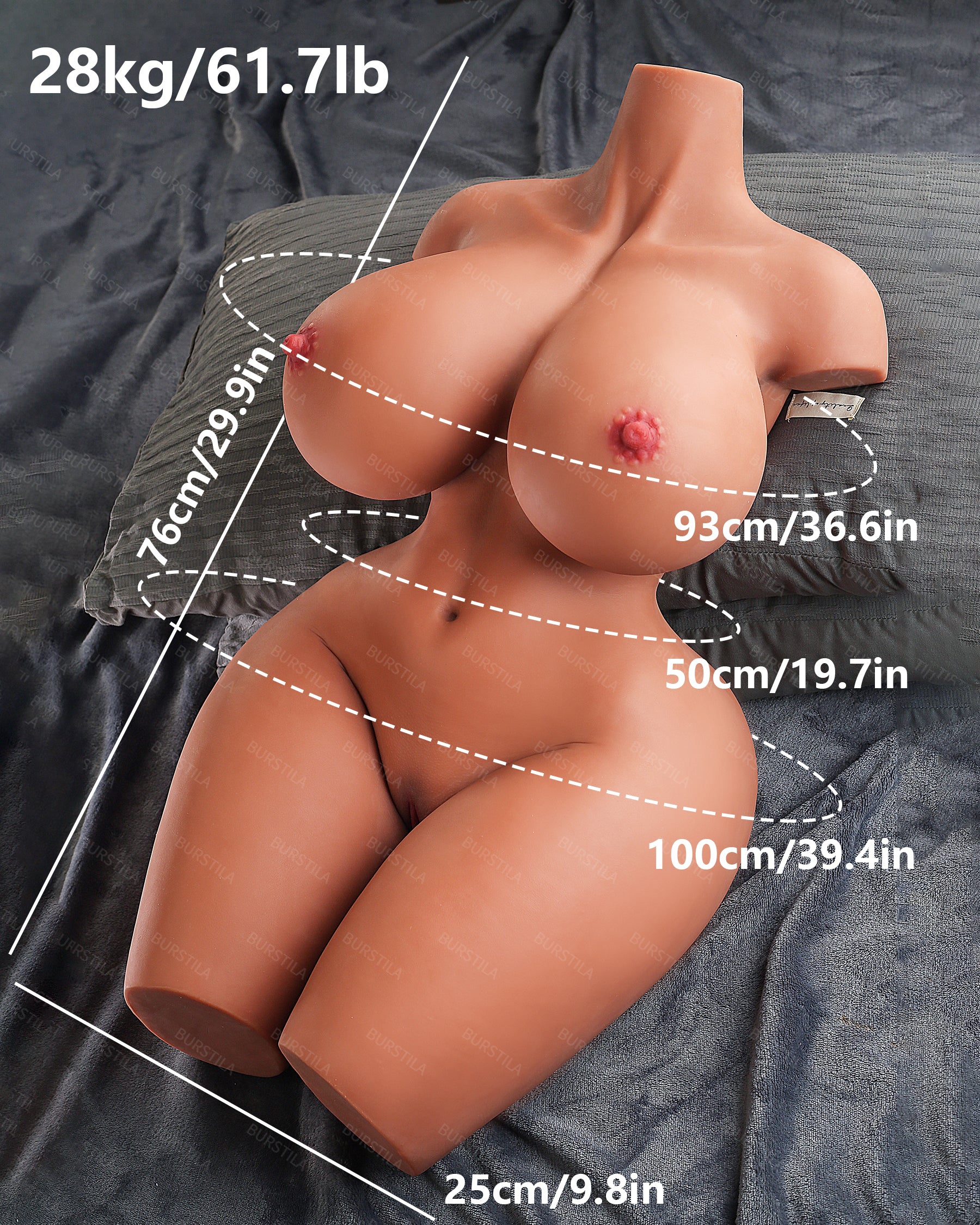 EU Stock - 76cm/29.92in Realistic Big Boobs Sex Doll Torso Doll Brown Skin Love Doll Half Body TPE Torso
