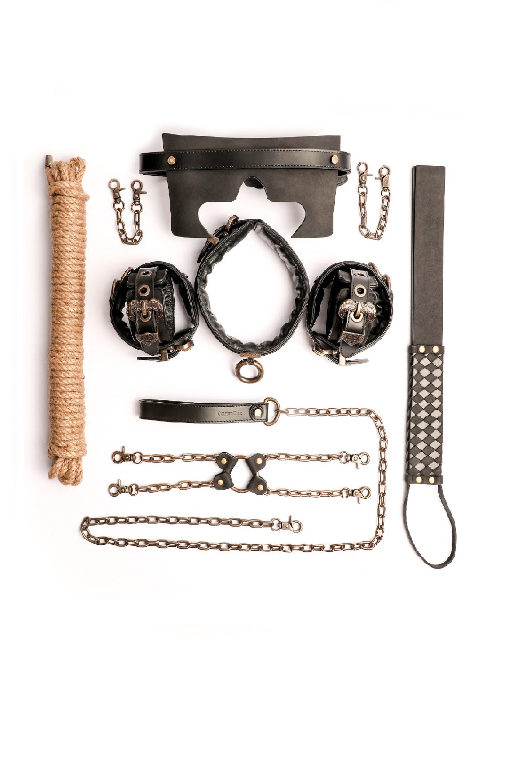BDSM Set Real Leather Cuffs  Blindfold Slapper Collar and Leash